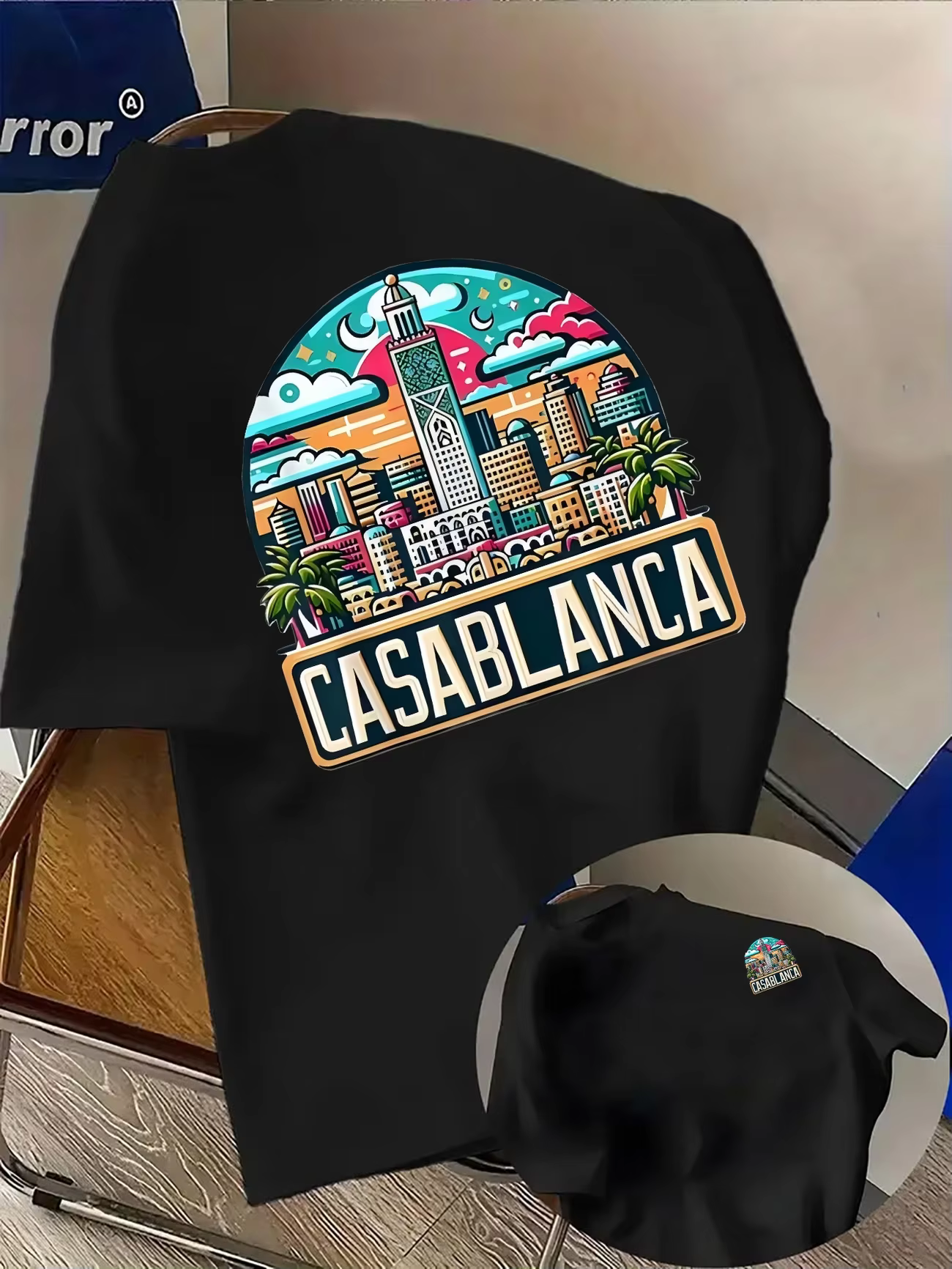 T-shirt en pur coton pour homme avec imprimé architecture urbaine marocaine et police Casablanca - T