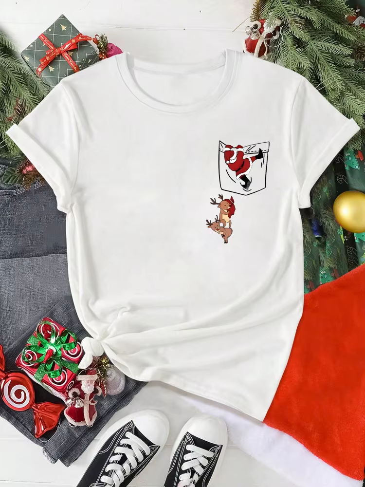 T-shirt imprimé joyeux Noël pour femme, père Noël drôle, renne, poche, décontracté, femme, adapté à