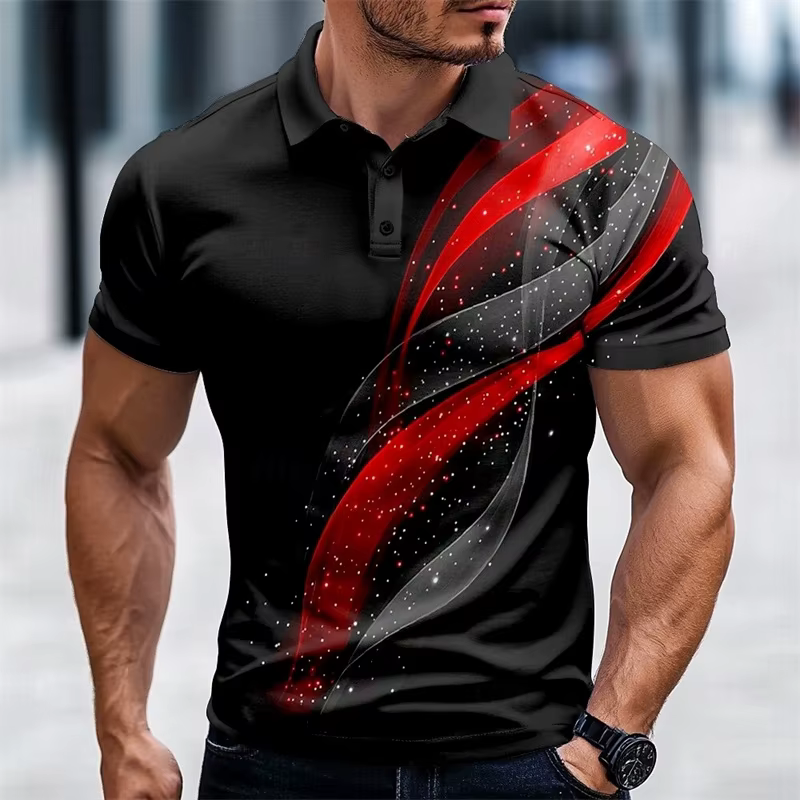 Polo homme à motif lignes colorées, tendance mode, col boutonné, impression 3D color block, chemise 