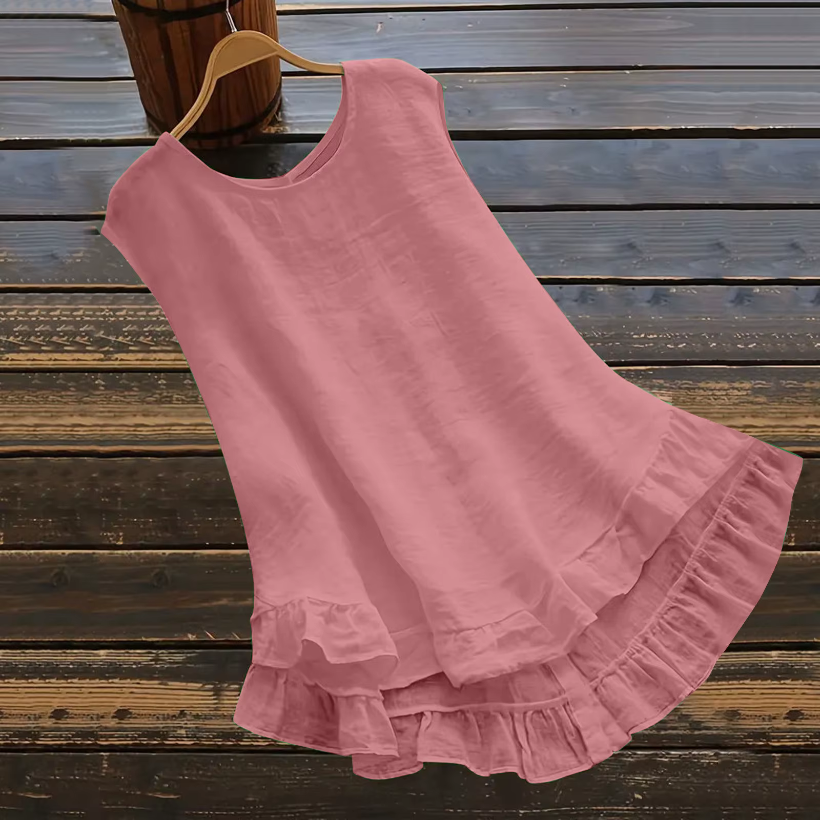 Femmes coton lin débardeur solide col rond sans manches dos Blouse élégant col rond à volants garnit