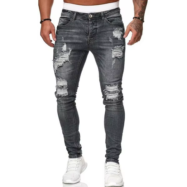 Hommes jean genou trou déchiré Stretch maigre Denim pantalon couleur unie noir bleu automne été Hip-
