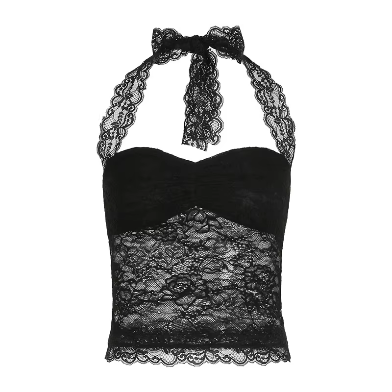 Débardeur sexy transparent en dentelle florale brodée pour femme, sans manches, style halter, crop t