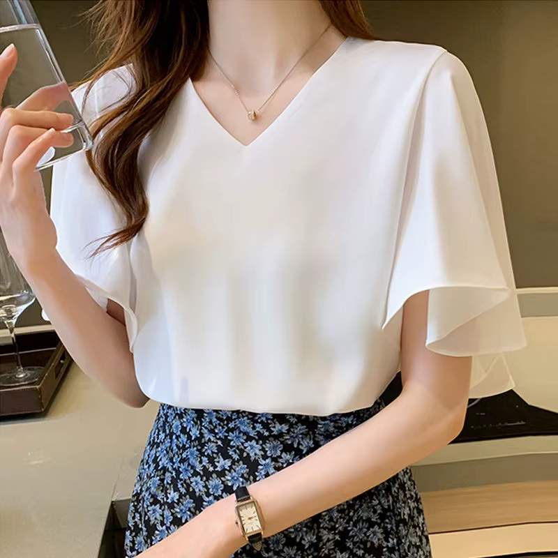 Chemisier Femme Col V Uni à Manches Papillon – Nouvelle Collection Été Décontractée Ample pour le Bu