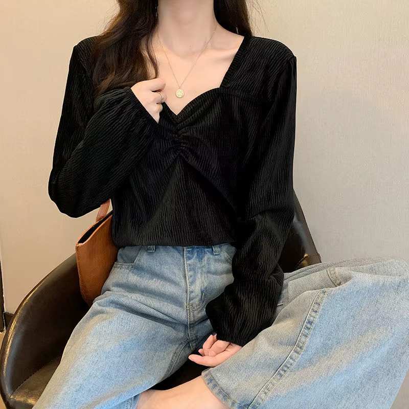 Chemise à manches longues et col en V pour femme, haut chic, design français, chemise de niche, nouv