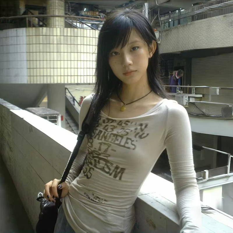T-shirt à manches longues avec lettre imprimée japonaise, Streetwear rétro américain, Style des anné