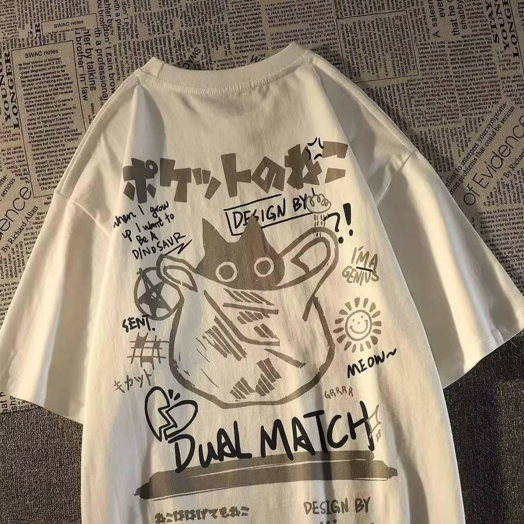 Été japonais rétro poche chat dessin animé imprimé à manches courtes T-shirt hommes femmes Couples u
