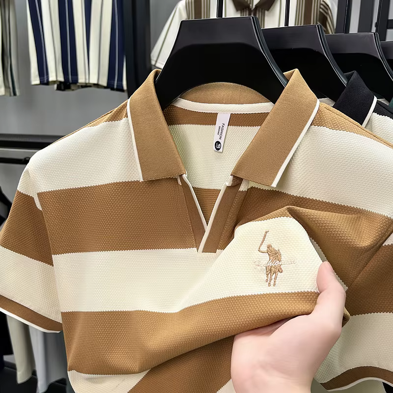 Polo brodé haut de gamme pour homme, Nouveau T-shirt rayé d'été 2026 à manches courtes pour homme, H
