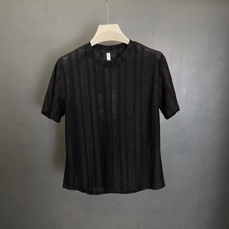 T-shirts pour hommes en maille respirante ajourée, tricotés, col rond, légers, en crochet, élastique