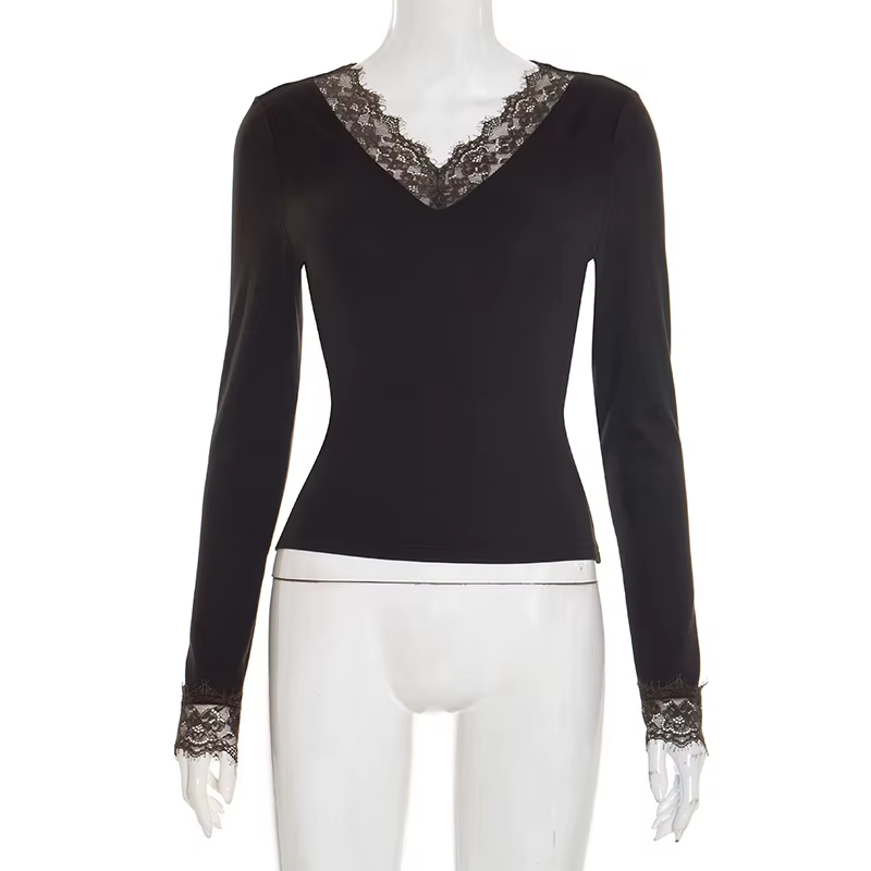 Tornova col en V dentelle t petit haut femmes Sexy nombril exposé pull mode épissure fille chaude Cl
