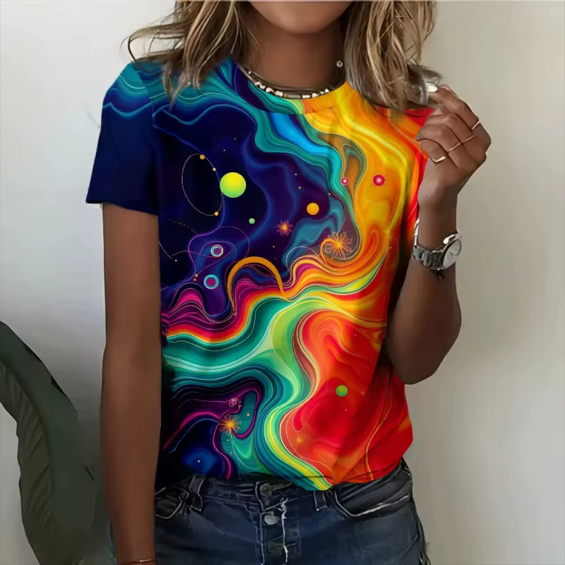 T-shirt manches courtes col rond femme, ample, imprimé en 3D, Fruits colorés, baleine ciel étoilé, é