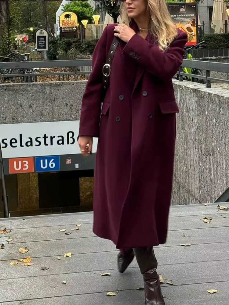 HH femmes mode bordeaux manteau Double boutonnage à manches longues revers mélanges veste automne hi