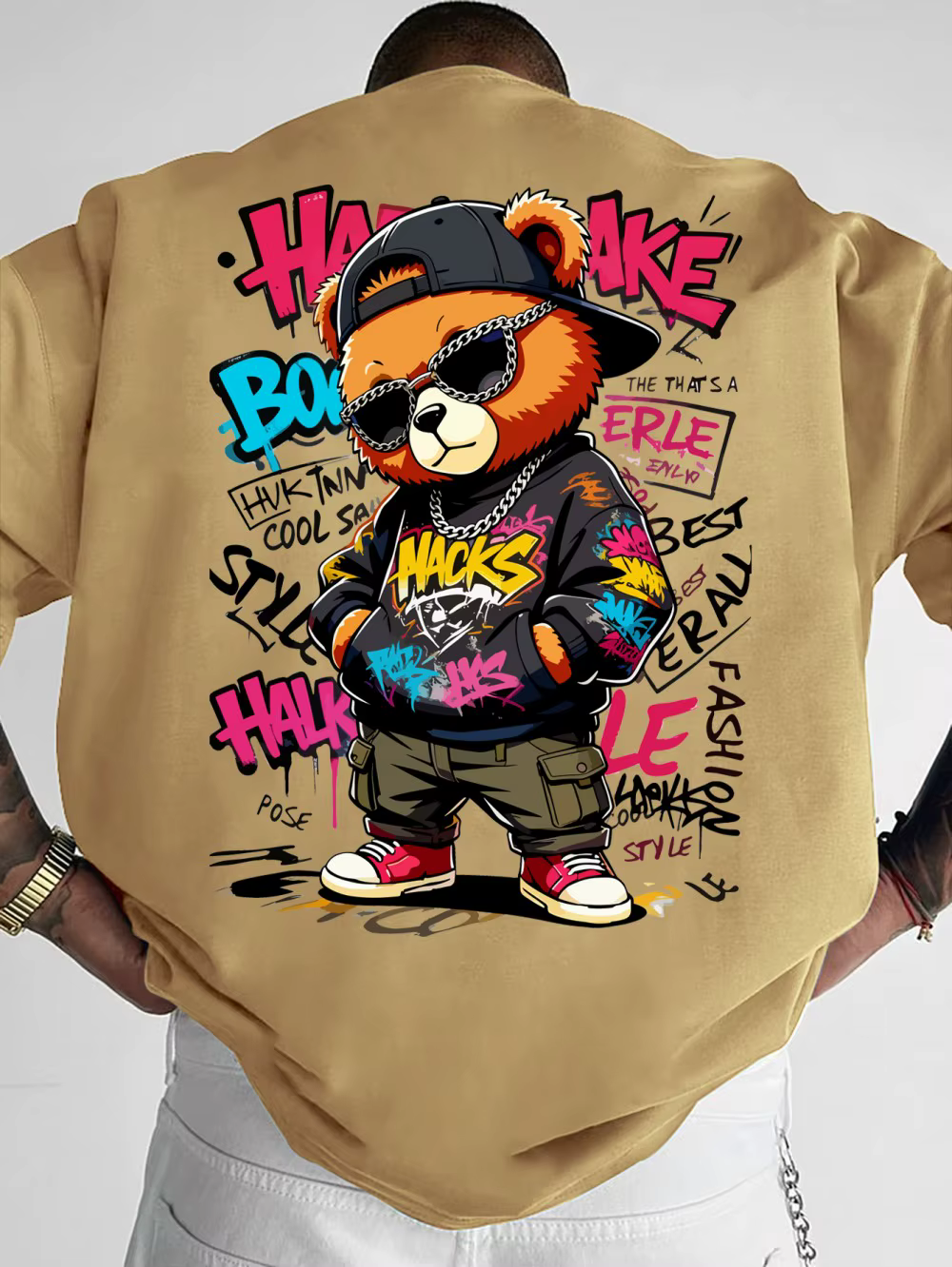 T-shirt à col rond pour hommes européens et américains, imprimé graffiti ours en peluche, confortabl