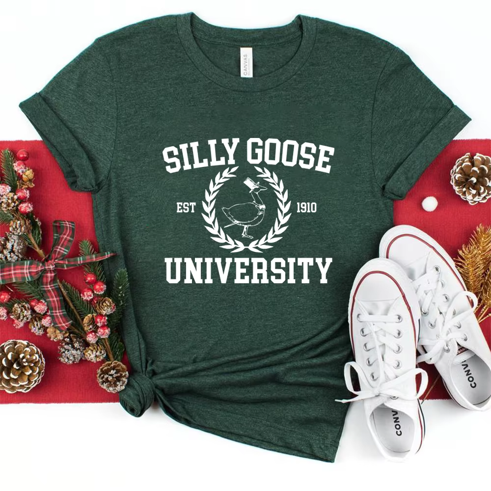 Silly Goose University T-shirt manches courtes unisexe, t-shirts drôles, chemise universitaire vinta