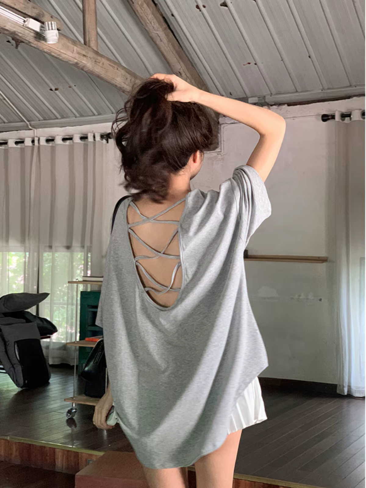 T-shirt à manches courtes dos croisé pour femme, style décontracté et ample, tendance et sensuel, co