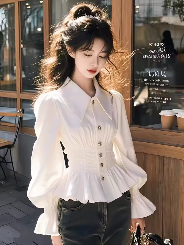 Chemise à manches longues pour femme, haut à taille cintrée, printemps et automne