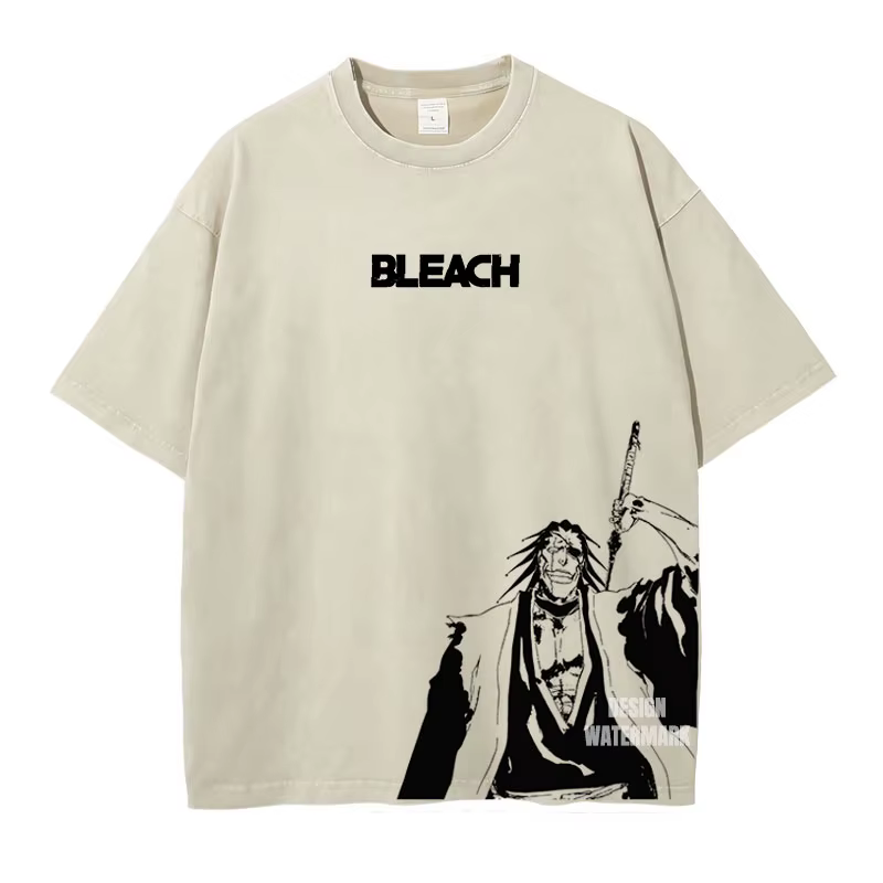 T-shirts Bandai Anime B-Bleach surdimensionnés effet délavé Zaraki Kenpachi, T-shirt Manga Rétro Kur