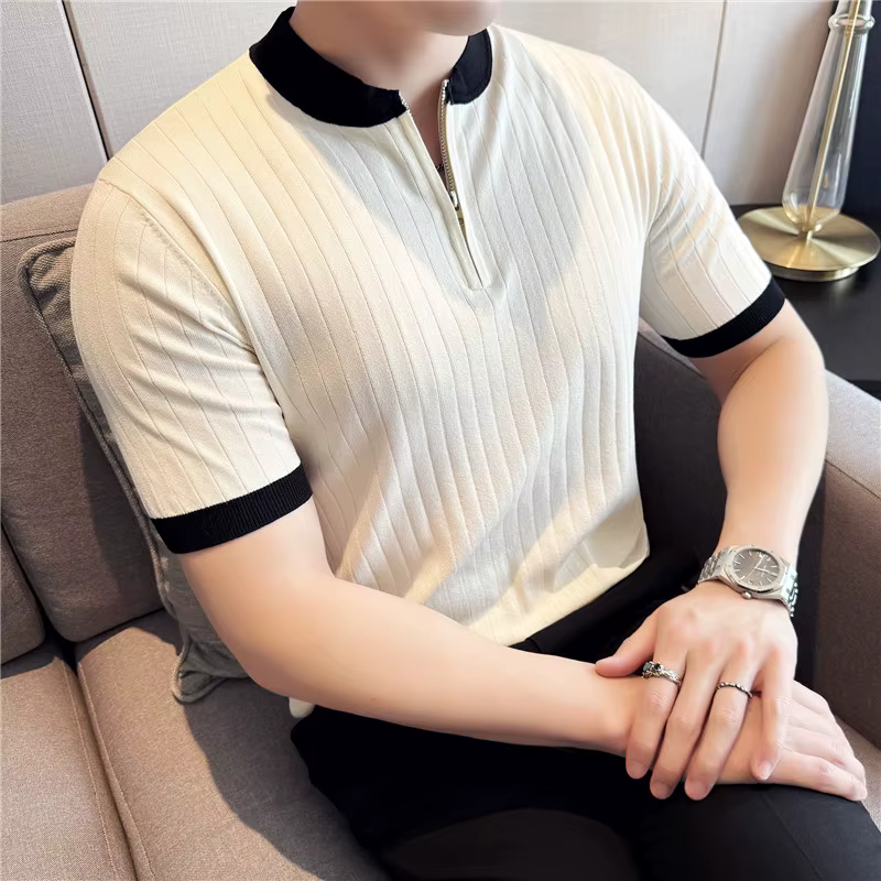 Hommes tricoté Polo Style britannique été léger mince à manches courtes usage quotidien haut t-shirt
