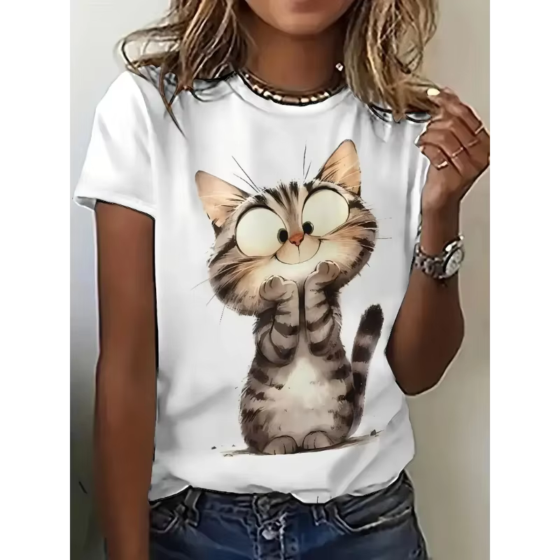 T-shirt à manches courtes en coton 100% pour femme, col rond, imprimé chat, tendance décontractée, h
