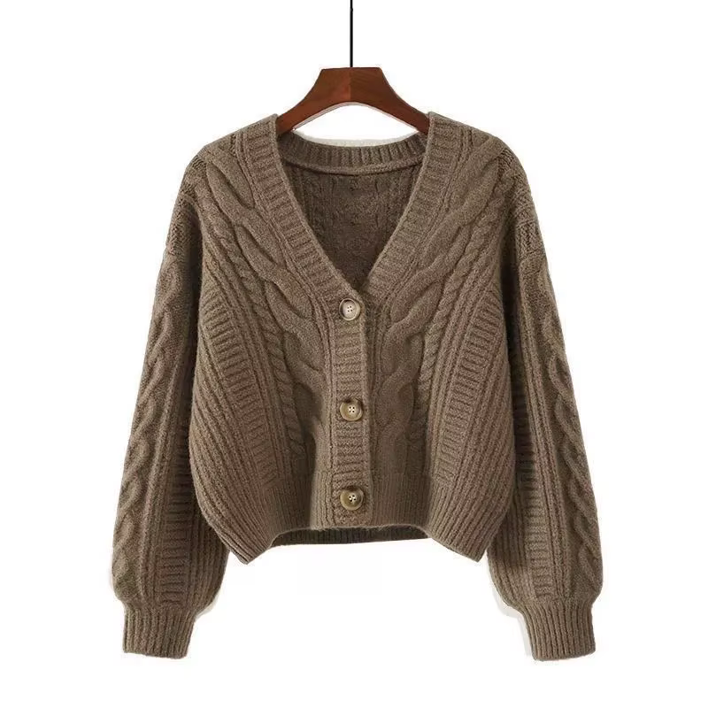 Cardigan court à manches longues et col en v pour femme, couleur unie, Vintage, torsadé, tricoté, av
