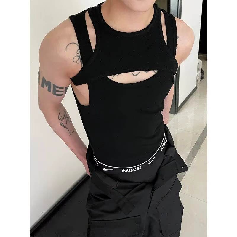 Style américain nouveaux hauts Sexy creux faux deux pièces vêtements pour hommes été évider mode min