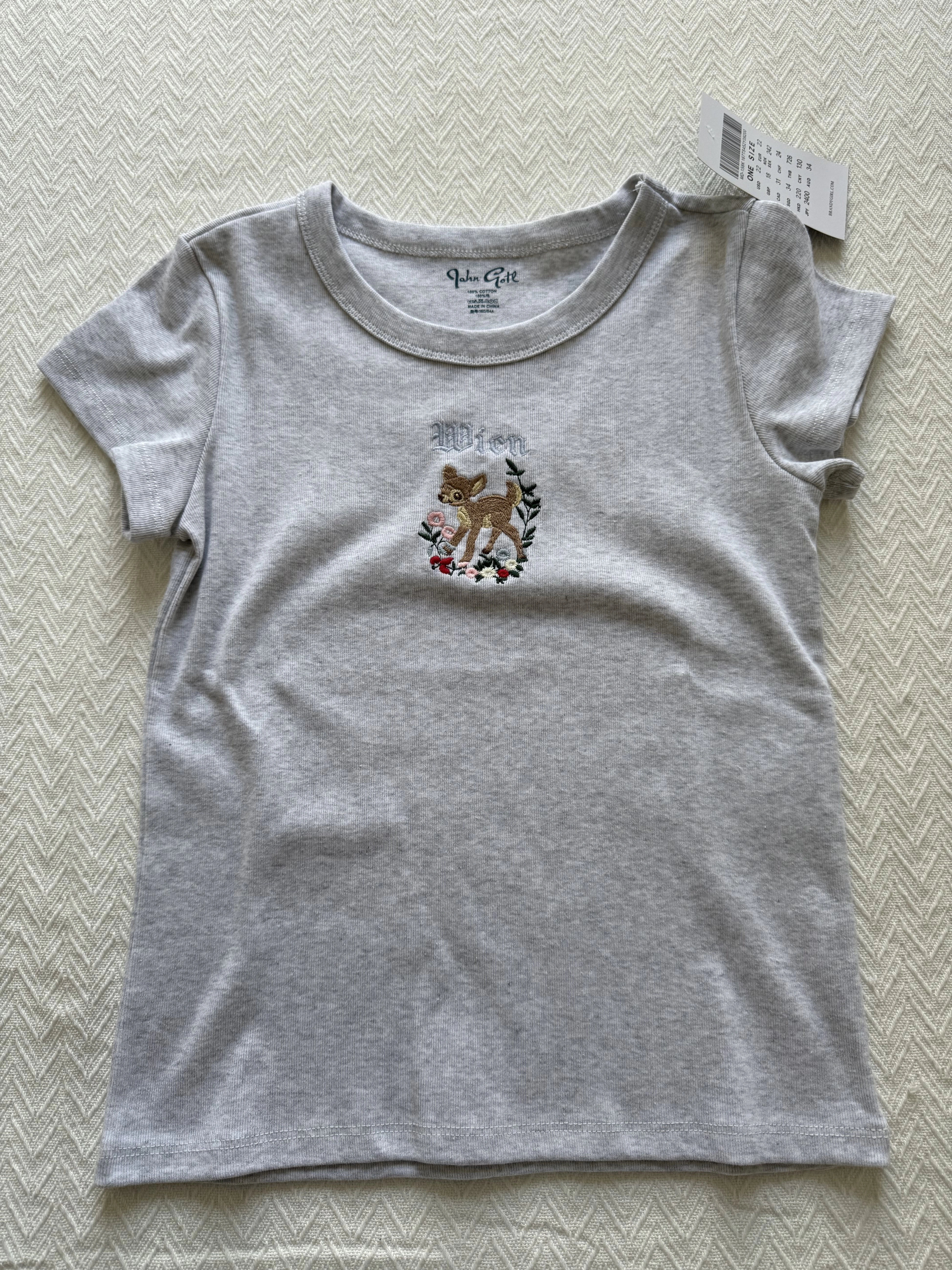 Fleur petit cerf broderie T-shirt col rond coton mince à manches courtes t-shirts femme doux mignon