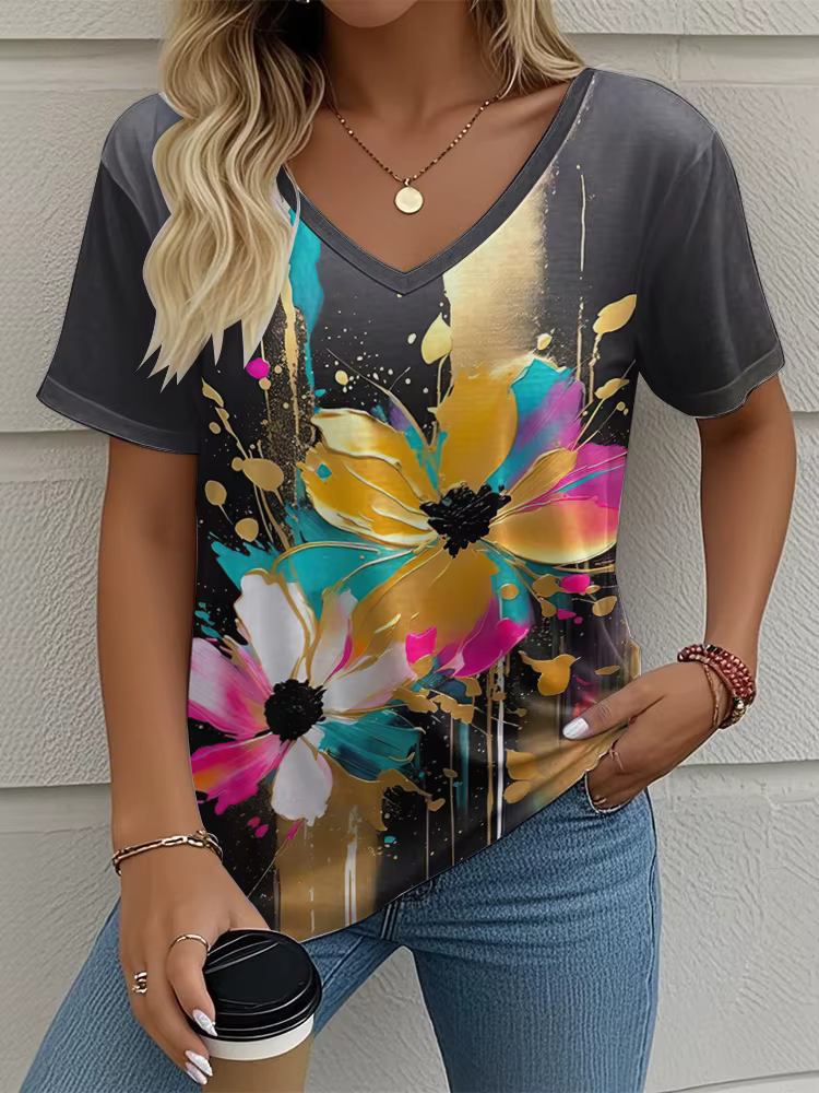 T-Shirt femme motif Floral imprimé décontracté col rond manches courtes hauts rue mode surdimensionn