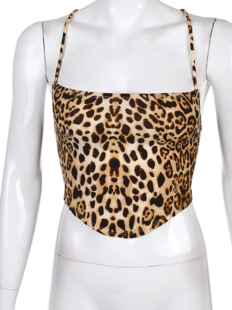 Débardeur à motif léopard pour femmes, dos nu, Sexy, tenues Rave, sans manches, croisé, à lacets, Br