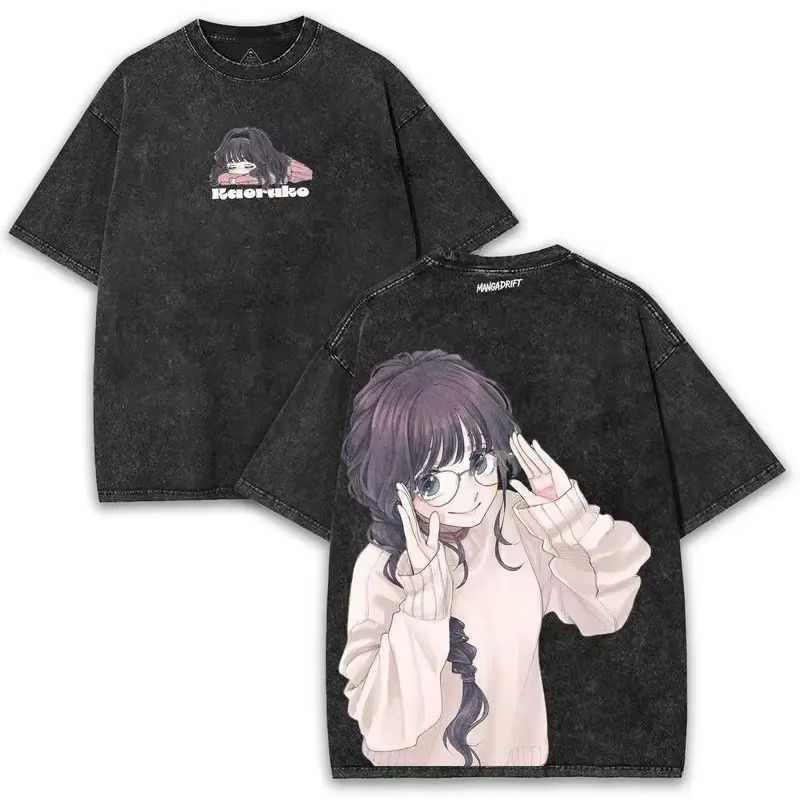 T-shirt unisexe surdimensionné avec motif graphique anime Y2K, style vintage délavé, Kaoru Waguri, «