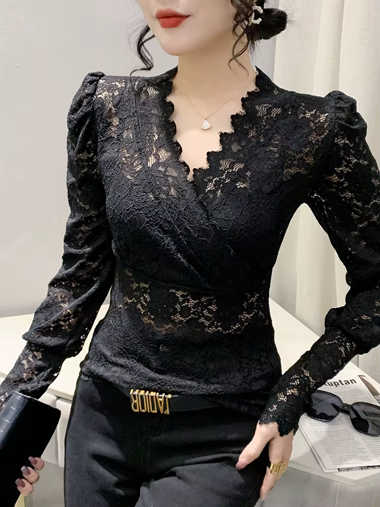 T-shirt à col en V croisé à manches longues pour femmes, simple couche, dentelle évidée, t-shirts mi