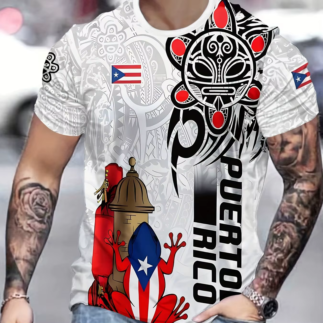T-shirt décontracté à col rond et manches courtes pour homme, imprimé grenouille Coqui et drapeau de
