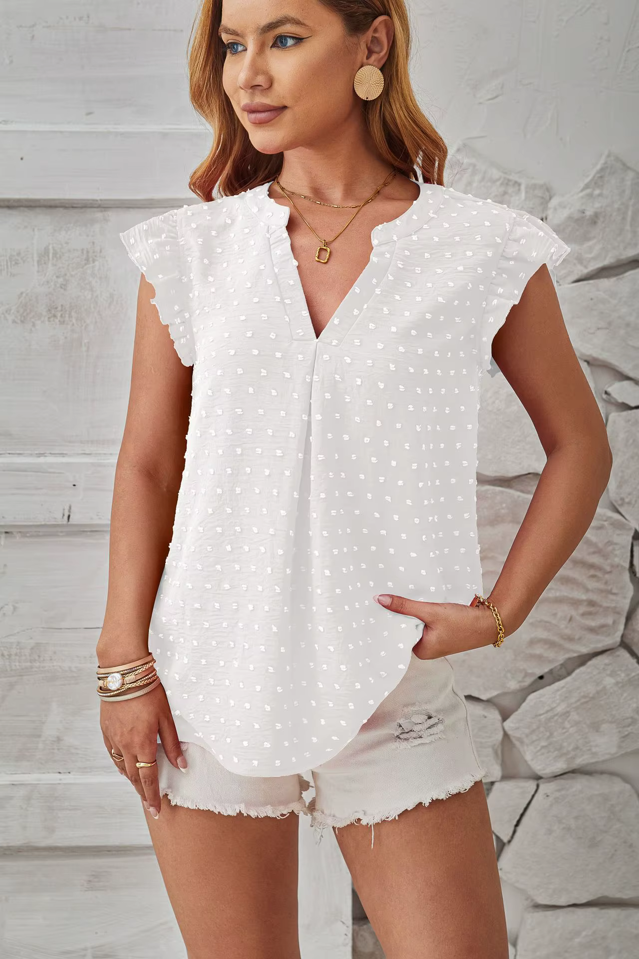 T-shirt en fibre à col en V rose pour femme, vernis à pois monochromes, dame élégante, été, précieux