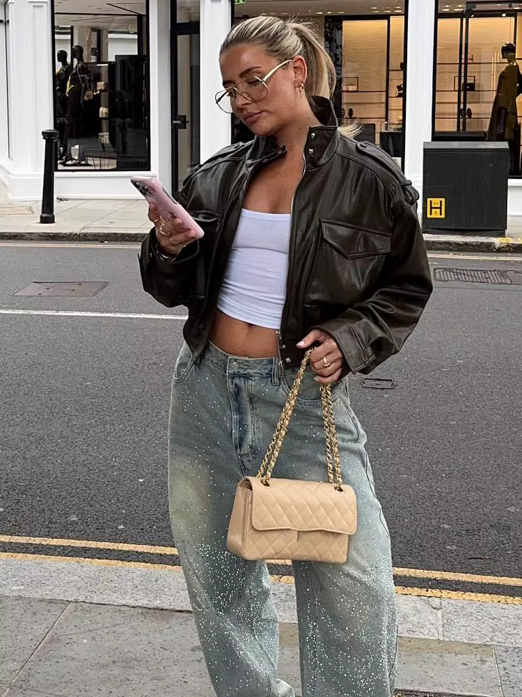 HH mode printemps femmes Faux cuir recadrée veste 2026 Vintage col rabattu fermeture éclair manches