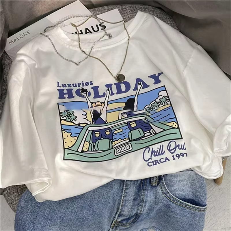 T-shirt manches courtes col rond femme, rétro américain, Chic, blanc, tendance, imprimé, été