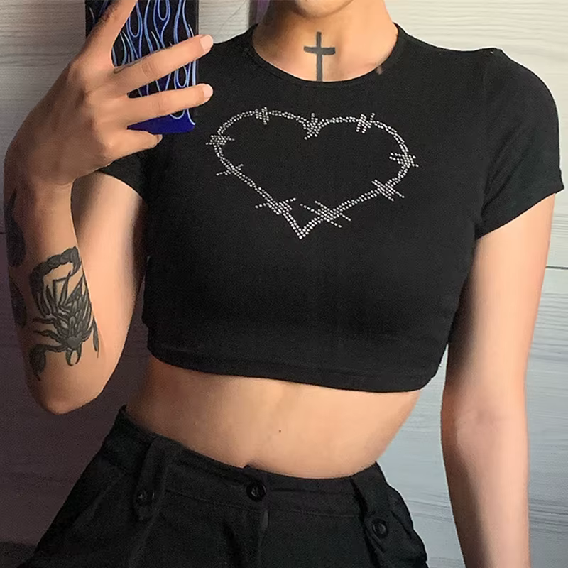 Y2k-T-shirt à Manches Courtes et Col Rond pour Femme, Vêtement d'Été Sexy, Punk, Vintage, Gothique,
