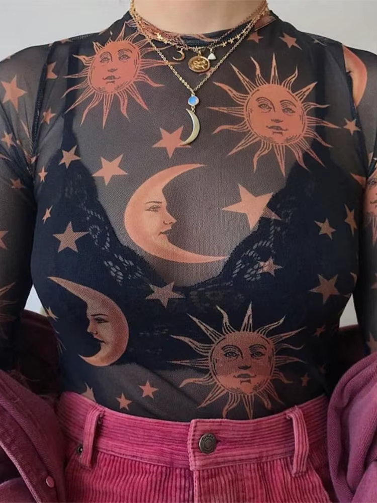 T-Shirt manches longues col rond femme, estival et Sexy, en maille transparente, imprimé soleil et l