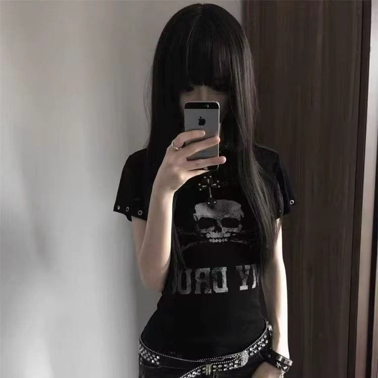 Seeslim Goth Print T-shirt femme manches courtes gothique graphique T-shirt femme vêtements années 2
