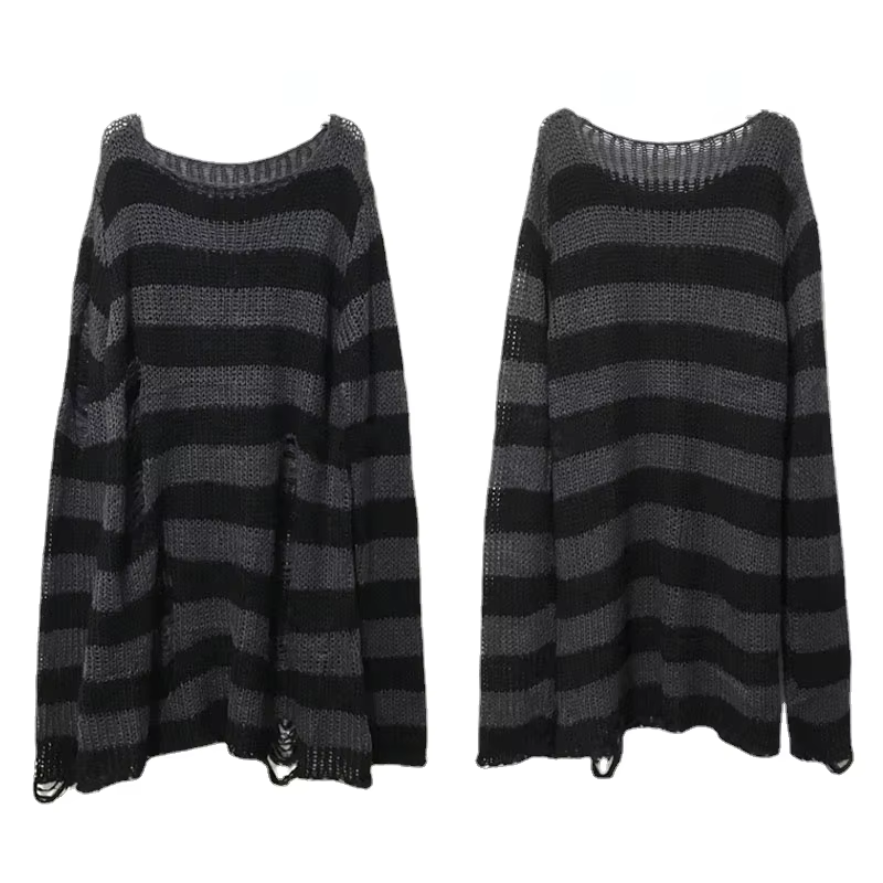 Nouveau Punk gothique Long unisexe pull été femmes rayé Cool évider trou cassé pull ample Rock mince