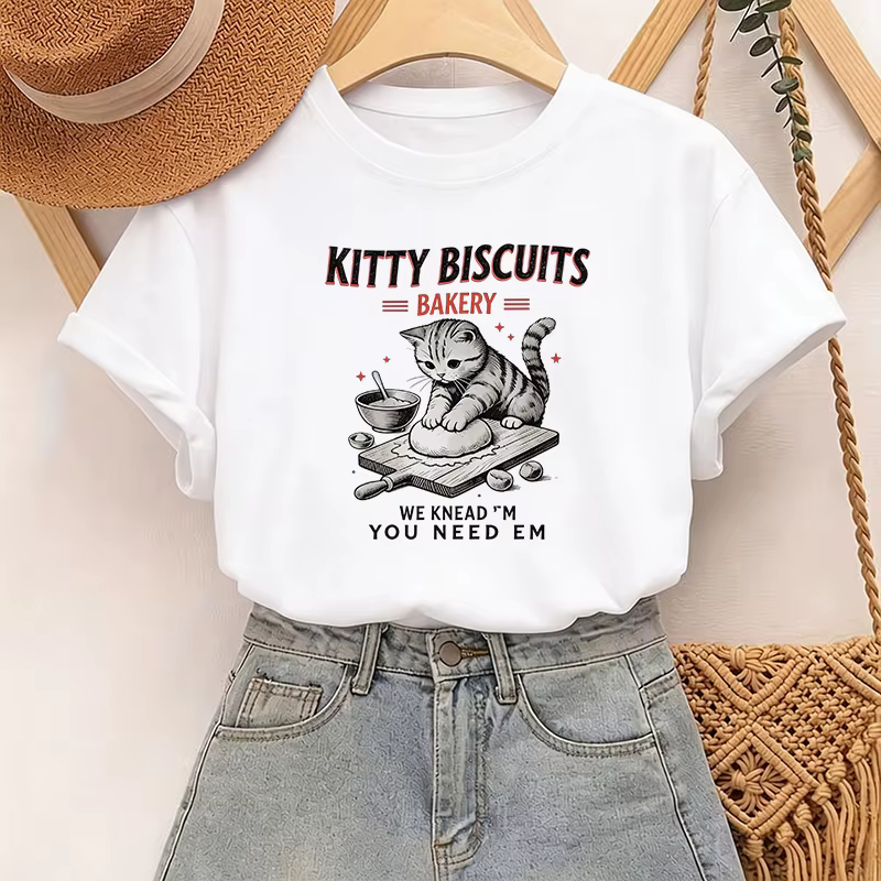 T-shirt décontracté d'été à manches courtes pour femme, motif chat amusant, boulangerie, pâtisserie,