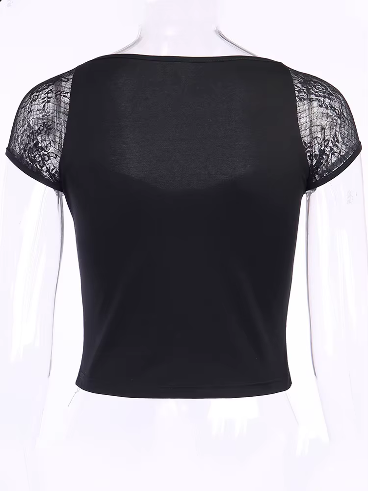 Vintage hauts Goth T-shirt femmes moulante pansement dentelle noir T-shirts gothique Streetwear Sexy
