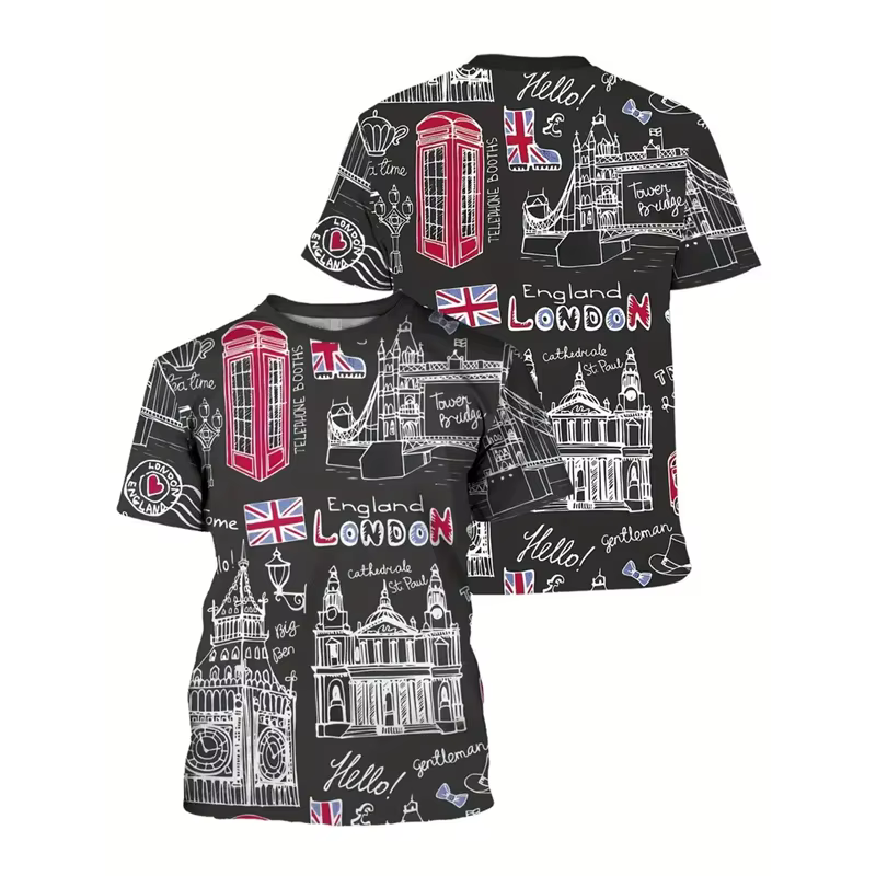 T-shirt manches courtes col rond pour homme, estival et ample, avec image britannique de londres, no