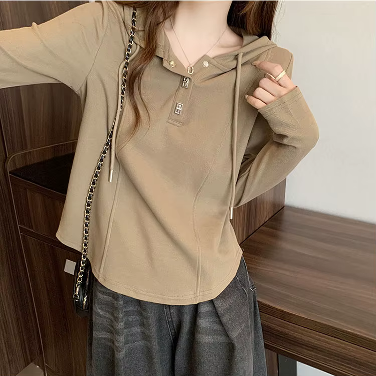 T-shirt à capuche à manches longues pour femme, demi-zip, ourlet incurvé, coupe slim, décontracté, p