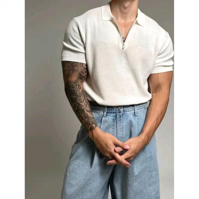 Polo tricoté décontracté à manches courtes pour homme, col rabattu avec demi-fermeture éclair, T-shi