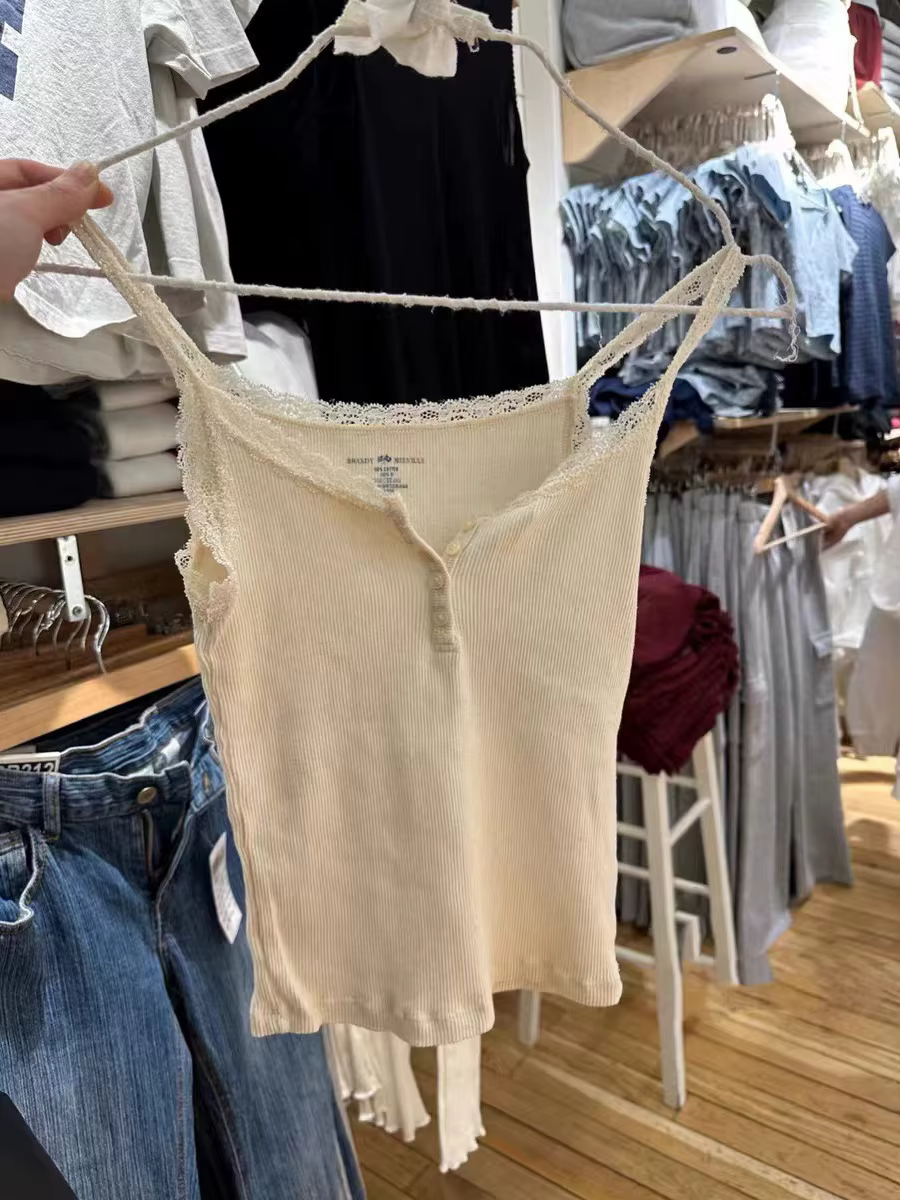 Haut court en dentelle Beige pour femmes, Streetwear, Sexy, sans manches, boutons, gilet en coton, C