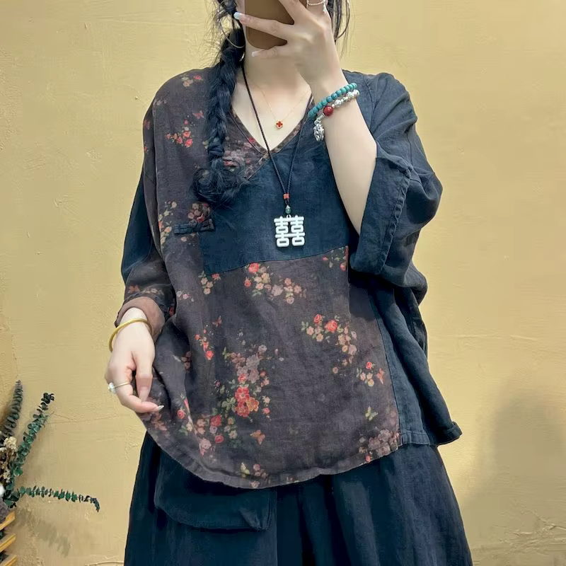 Coton lin t-shirts femmes mode imprimé contrasté à lacets chemise artistique irrégulière Vintage sur