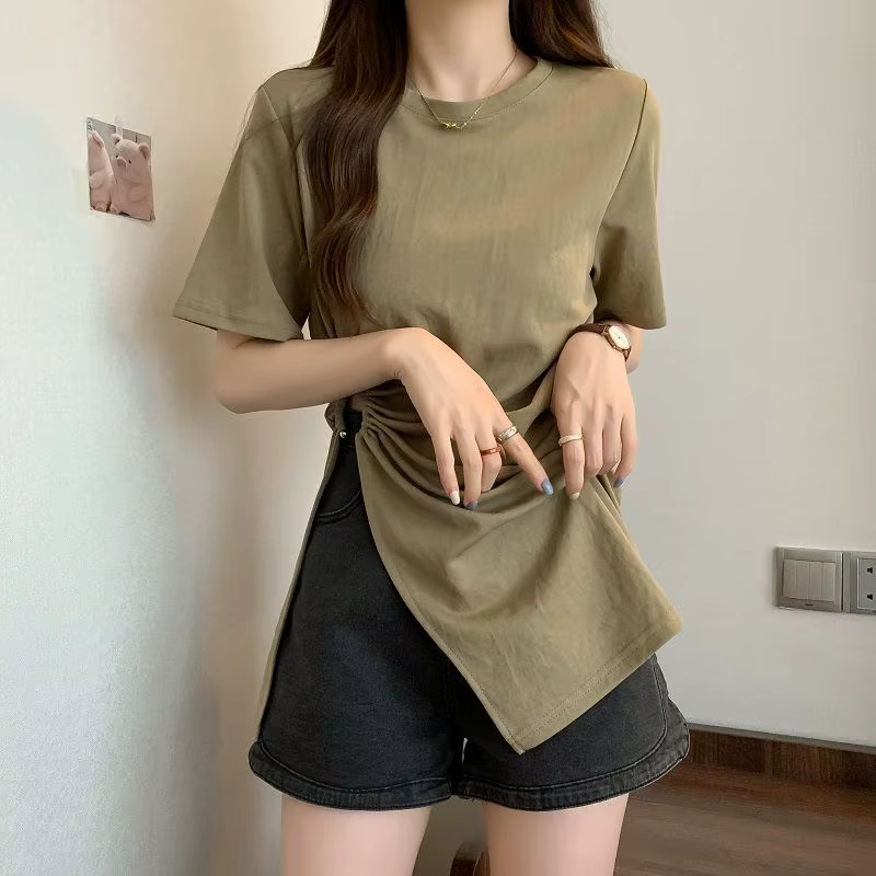 T-shirt long décontracté pour femme, design fendu sur le côté, plis sexy, pur, simple, tout match, s