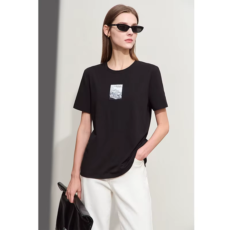 Amii-T-shirt manches courtes col rond femme, décontracté, en coton, avec broderie, minimaliste, à la