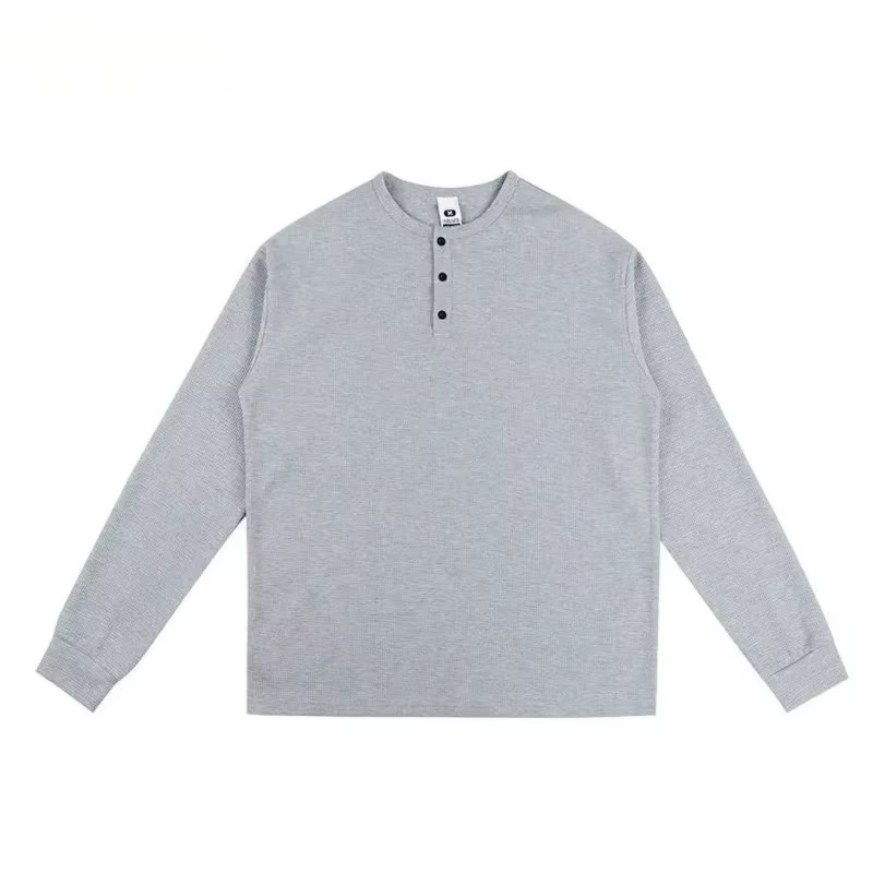 T-shirt à col Henry pour homme, manches longues, style gaufré, coupe américaine ample, polyvalent, r