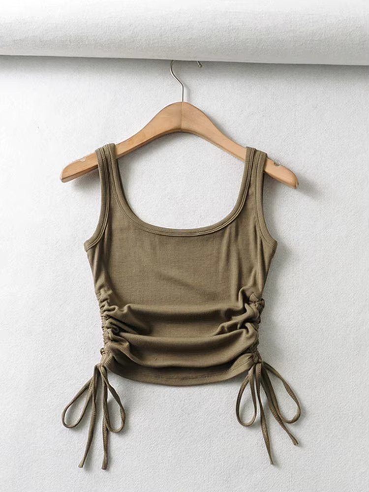 Nouveauté filles décontracté couleur unie deux côtés cordon gilet plis froncé Sexy débardeur et Cami