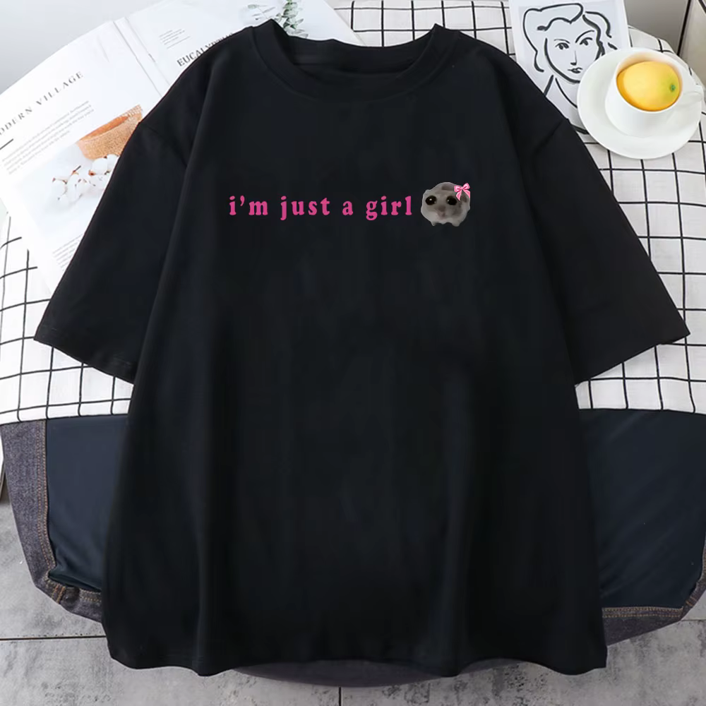 T-shirt en coton avec imprimé graphique de dessin animé pour femme et fille, kawaii, je suis juste u