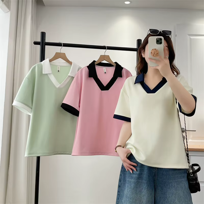 T-shirt décontracté à col polo et blocs de couleur pour femme grande taille, manches courtes, été 20